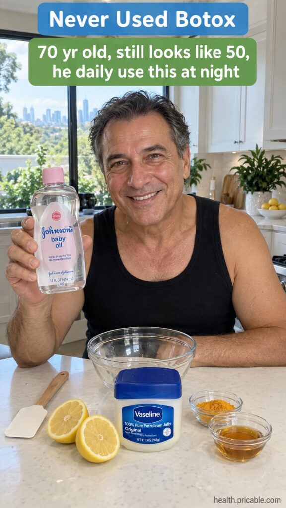 A 70-year-old person with smooth youthful-looking skin applying a small amount of baby oil to their face with a jar of V