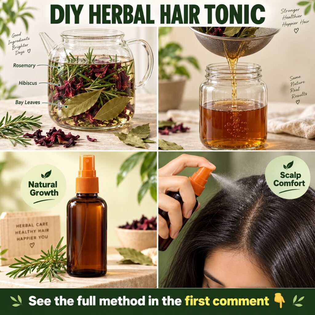 A close-up shot of the herbal hair tonic in a clear glass bottle surrounded by fresh rosemary sprigs dried hibiscus flow