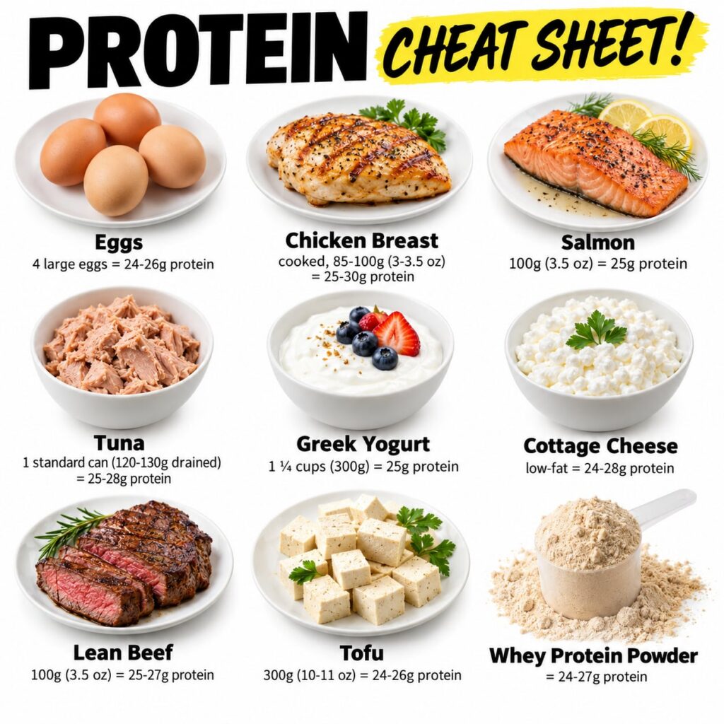 An infographic titled PROTEIN CHEAT SHEET featuring stylized icons for eggs fish and meat with text highlighting benefit