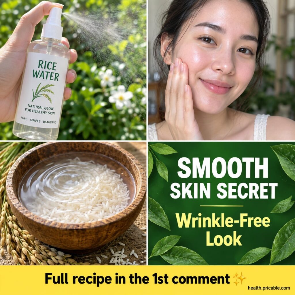 A woman in her 40s or 50s with glowing smooth skin gently patting rice water onto her face with her hands looking refres