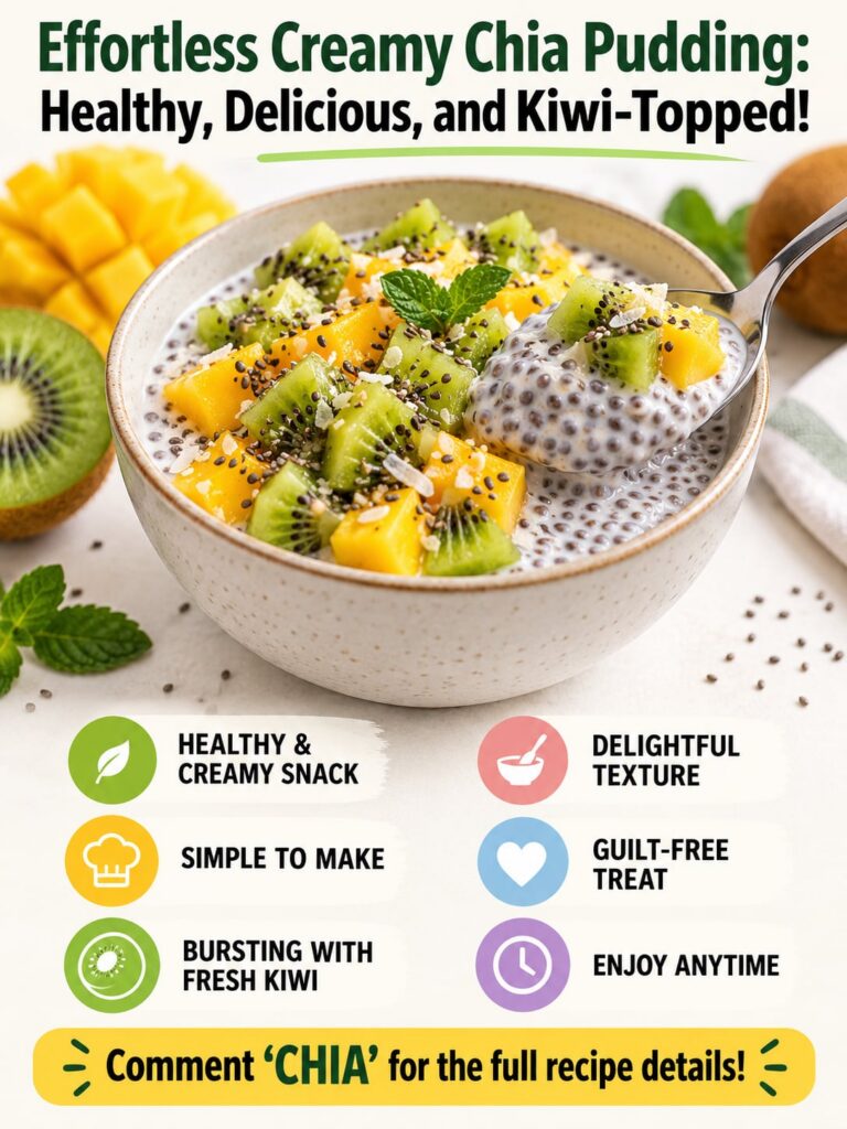 A beautiful glass jar filled with creamy kiwi chia pudding topped with fresh kiwi slices and a sprig of mint The backgro