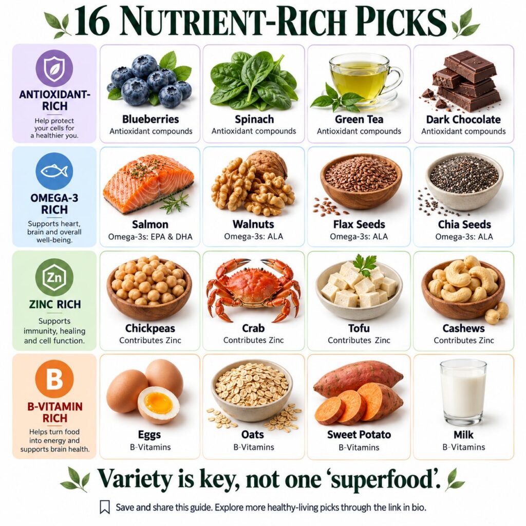 A beautiful flat lay of various healthy foods including blueberries spinach green tea dark chocolate salmon walnuts flax