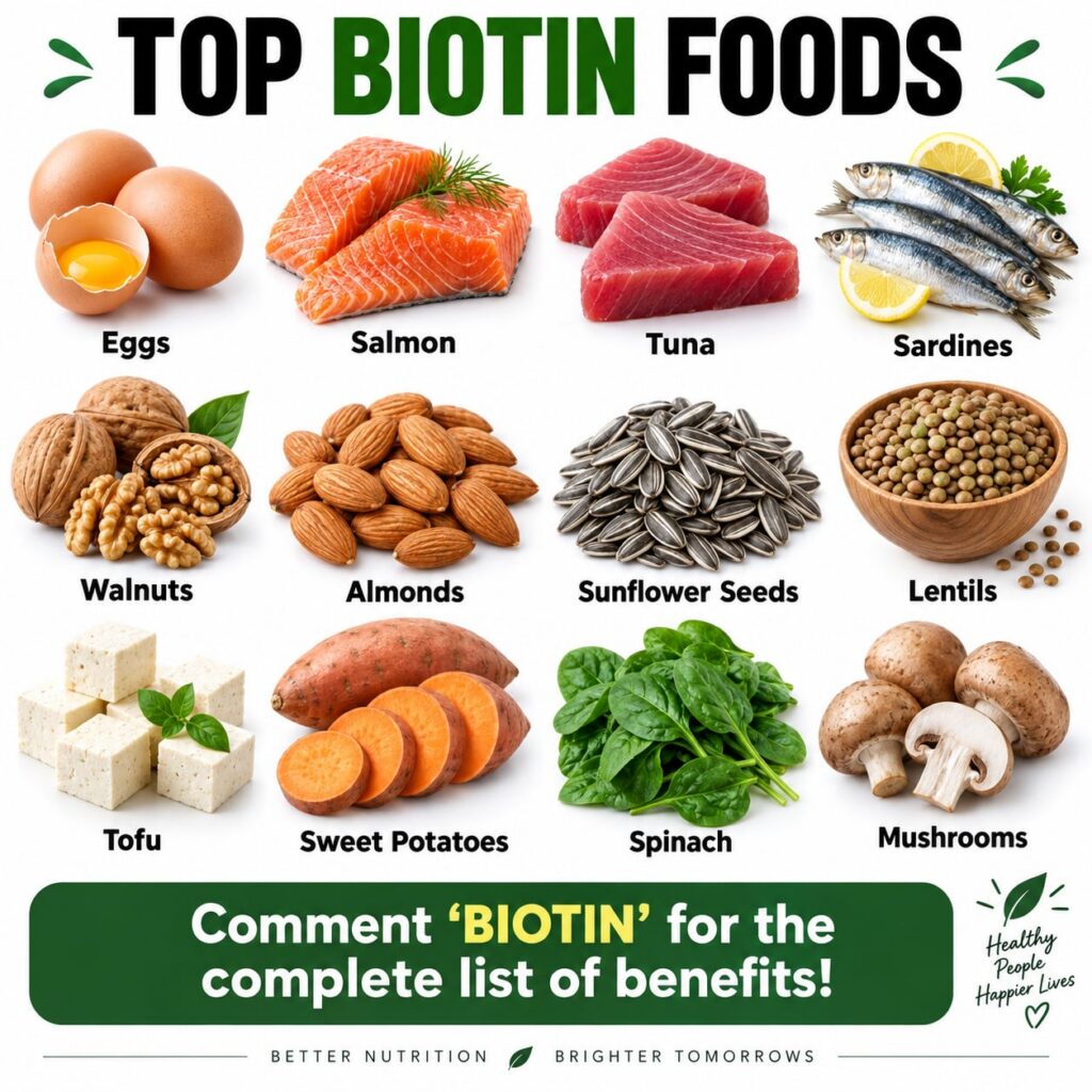 A vibrant flat lay of various biotin-rich foods including eggs avocado spinach nuts seeds and sweet potato artfully arra