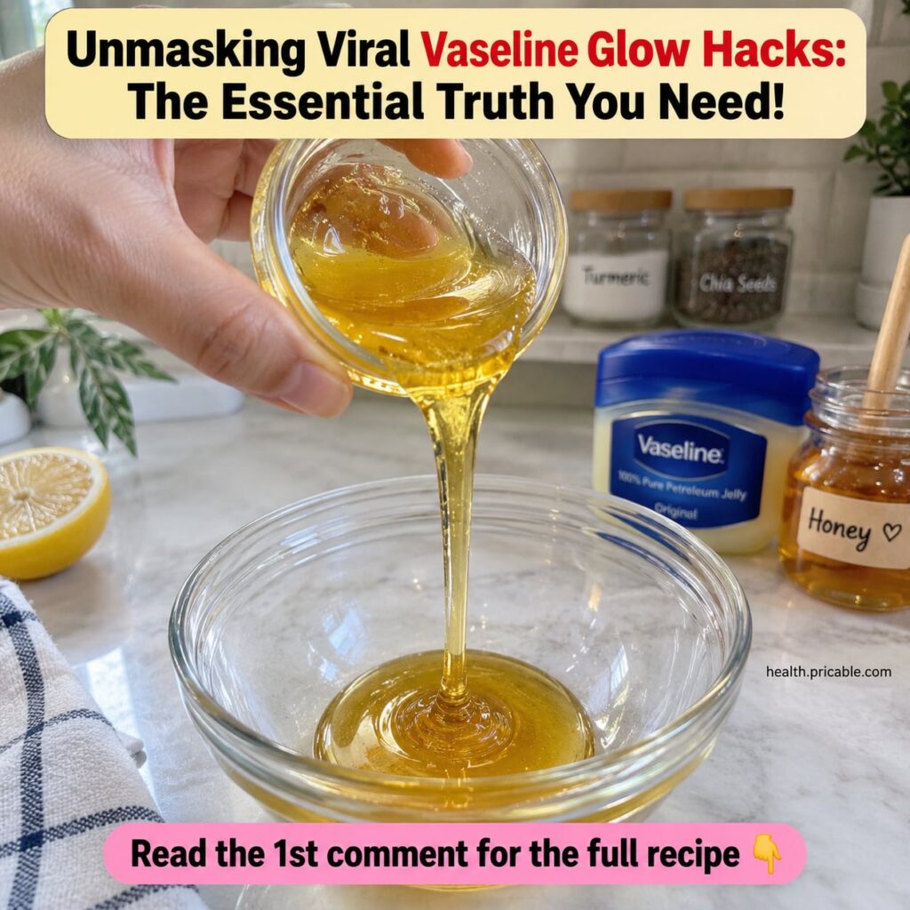 A woman gently applying a thin layer of Vaseline to her face which already has a dewy glow from a hydrating serum The ba