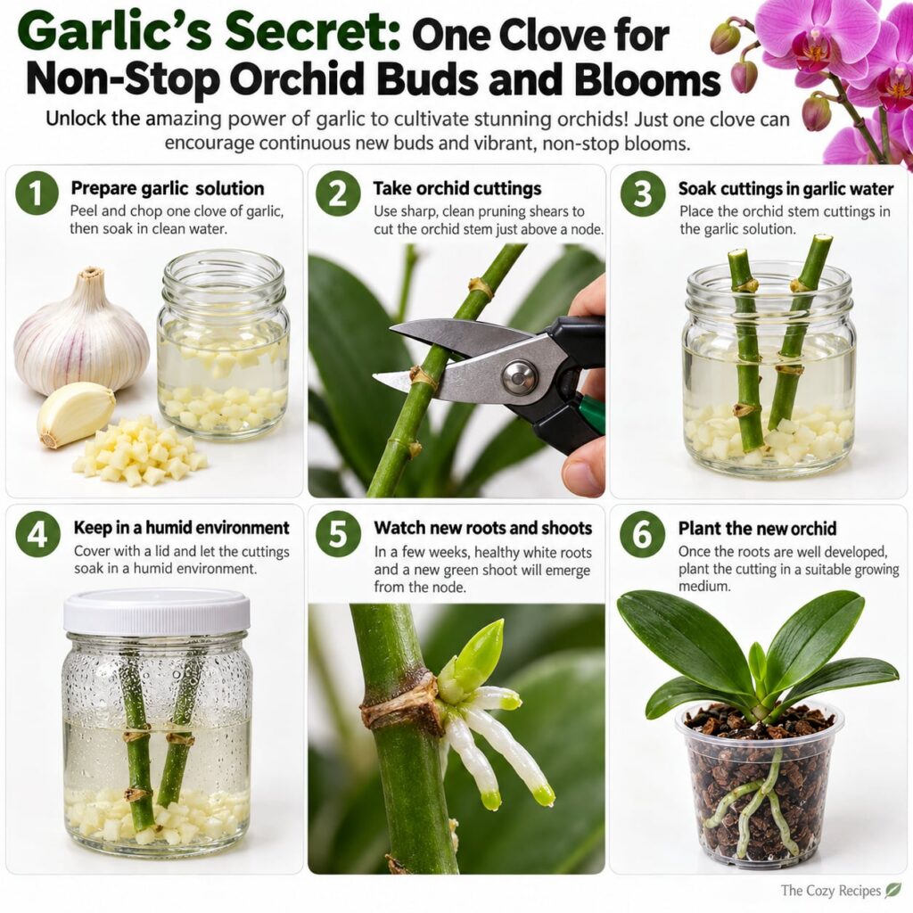 A single orchid plant with several vibrant blooms and new buds emerging with a garlic clove resting near its base in a s