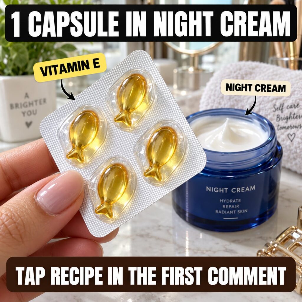 A close-up flat lay of a hand holding a blister pack of golden fish-shaped Vitamin E capsules over a dark blue jar of wh