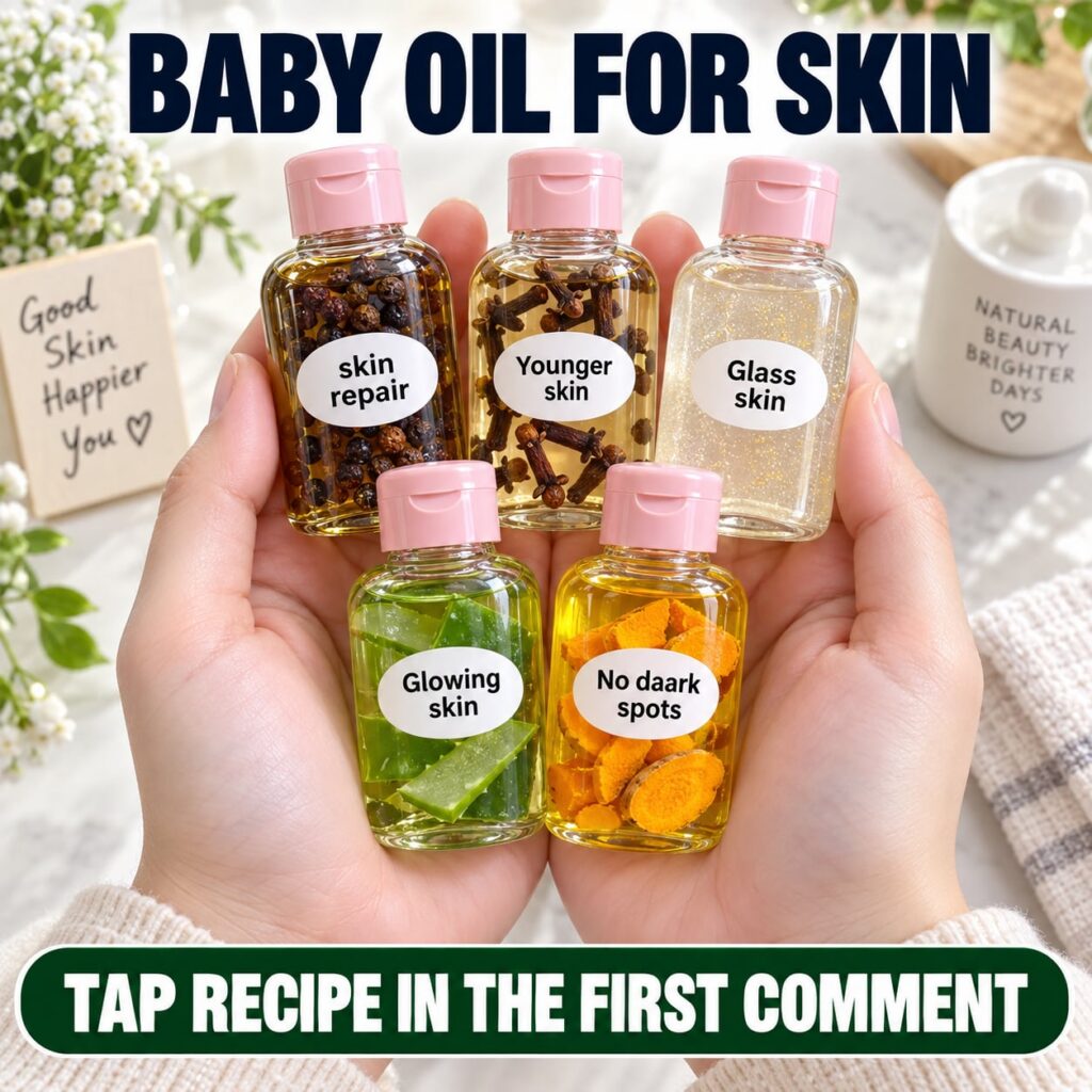 Hands holding five small dropper bottles of infused baby oil labeled with various skin benefits like Younger skin Glowin