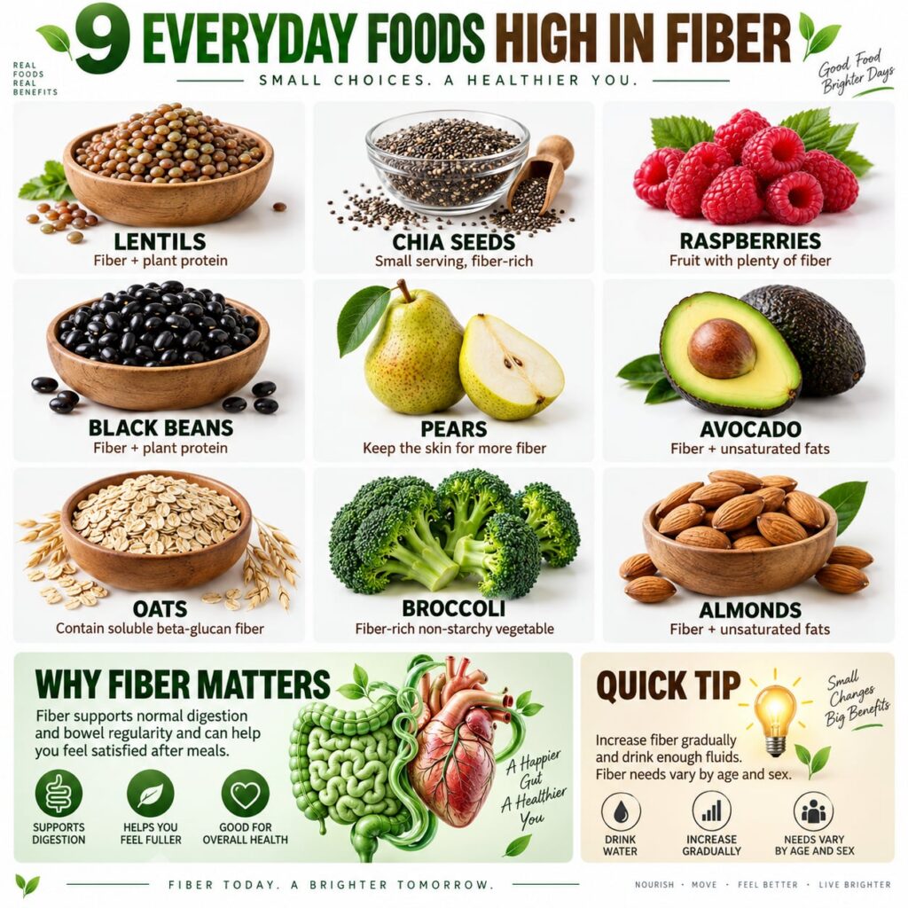 A vibrant spread of various high-fiber foods including beans lentils whole grains colorful fruits like berries and apple