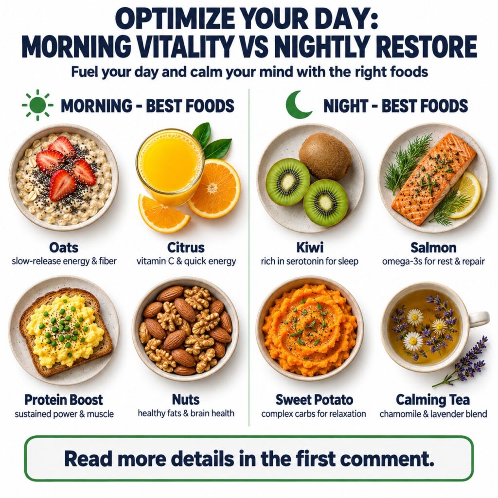 An infographic showing a grid of eight food items four for Morning - Best Foods and four for Night - Best Foods separate