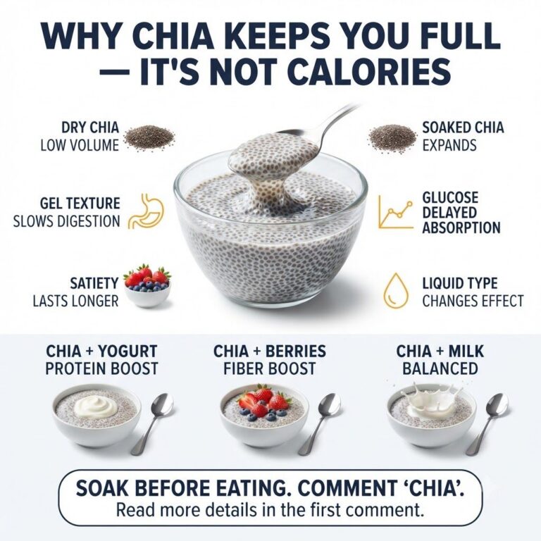 An infographic titled CHIA SEEDS SATIETY showing a central glass bowl of chia pudding with a spoon surrounded by smaller