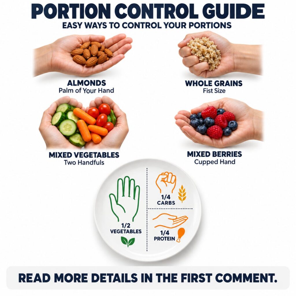 An infographic titled PORTION CONTROL GUIDE showing human hands measuring various food items like almonds palm whole gra