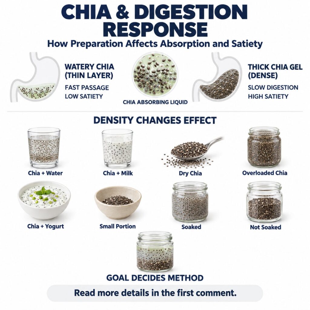 An infographic titled CHIA DIGESTION RESPONSE showing two stomach diagrams one for Watery Chia with fast passage and ano