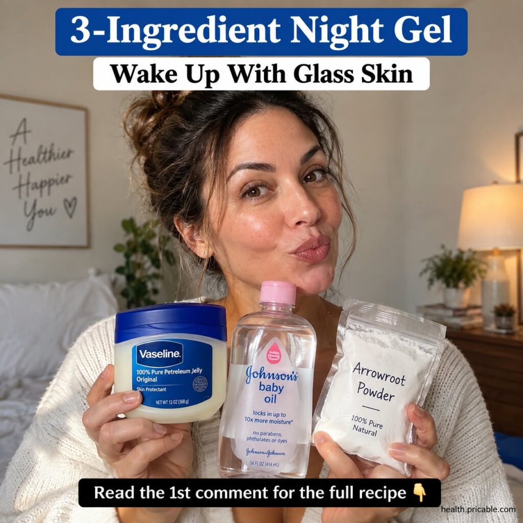 A beautiful woman with radiant dewy glass skin applying a clear gel to her face at night with three natural ingredients 
