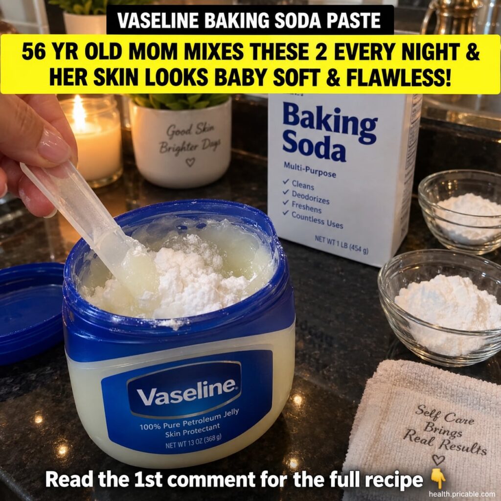 A woman gently applying a white paste to her face with a jar of Vaseline and a box of baking soda visible in the backgro
