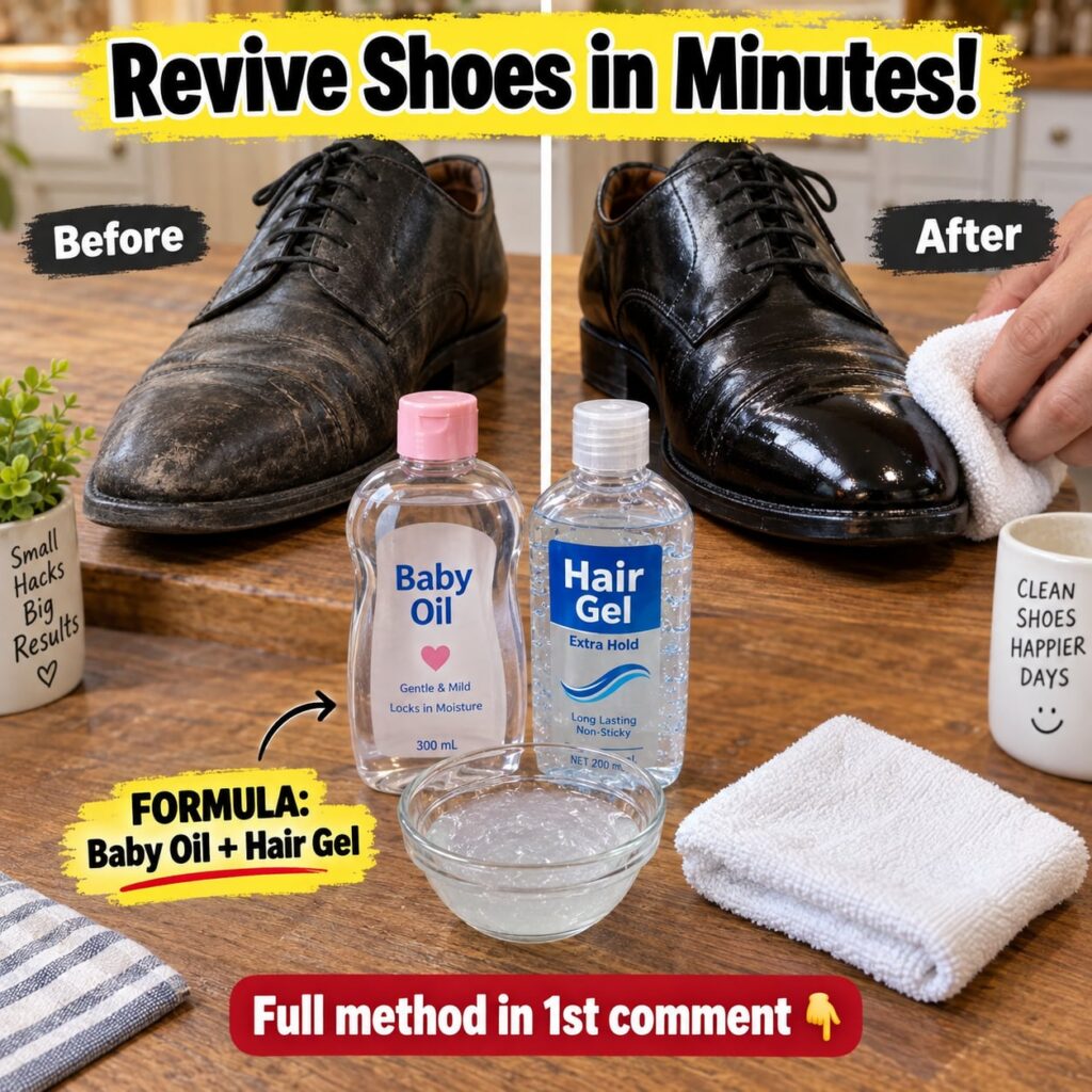 A pair of dull shoes being treated with baby oil and hair gel showing the before and after effect of the DIY application