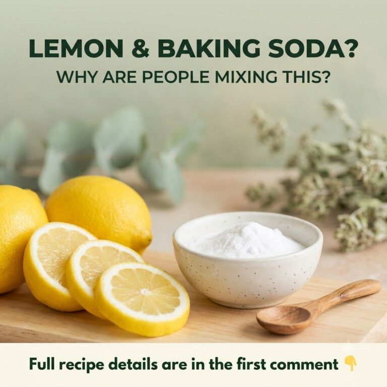 A refreshing glass of lemon water with a slice of lemon next to a small bowl of baking soda on a clean kitchen counter s