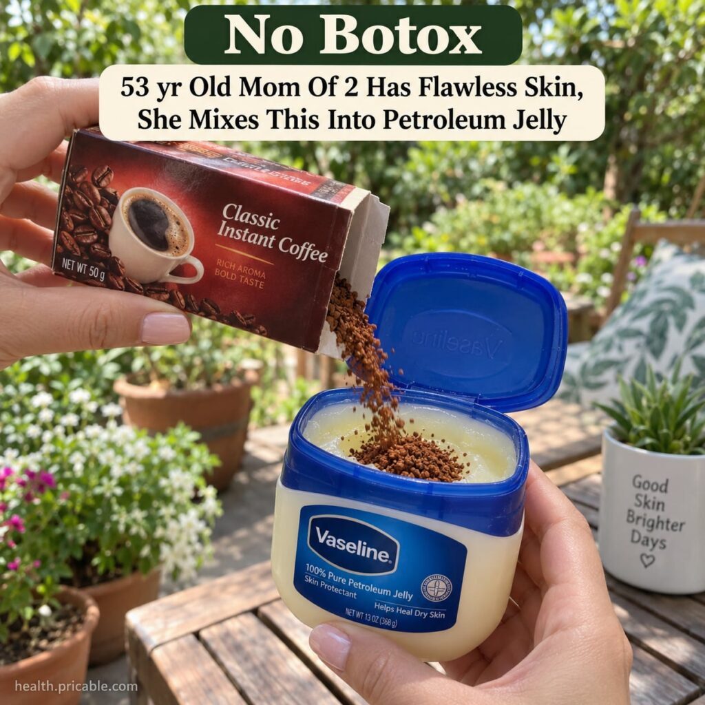 Ingredients for Vaseline coffee balm a jar of Vaseline petroleum jelly and a spoonful of instant coffee granules next to