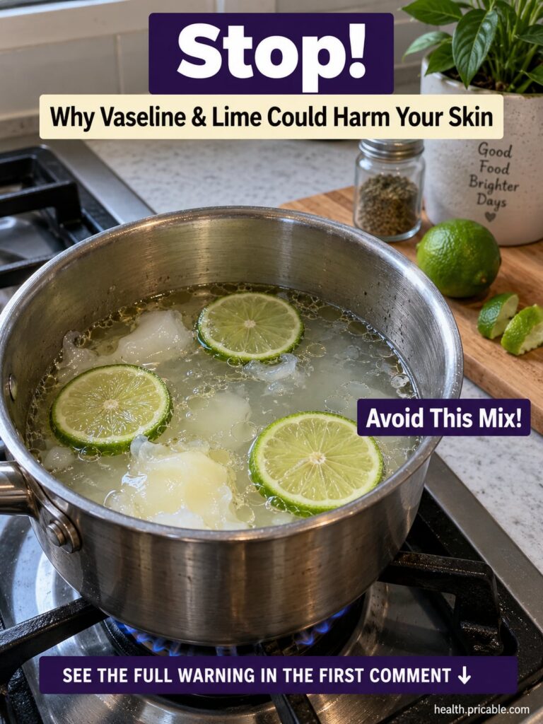 A stop sign over a jar of Vaseline and cut limes conveying a warning against using this combination on skin