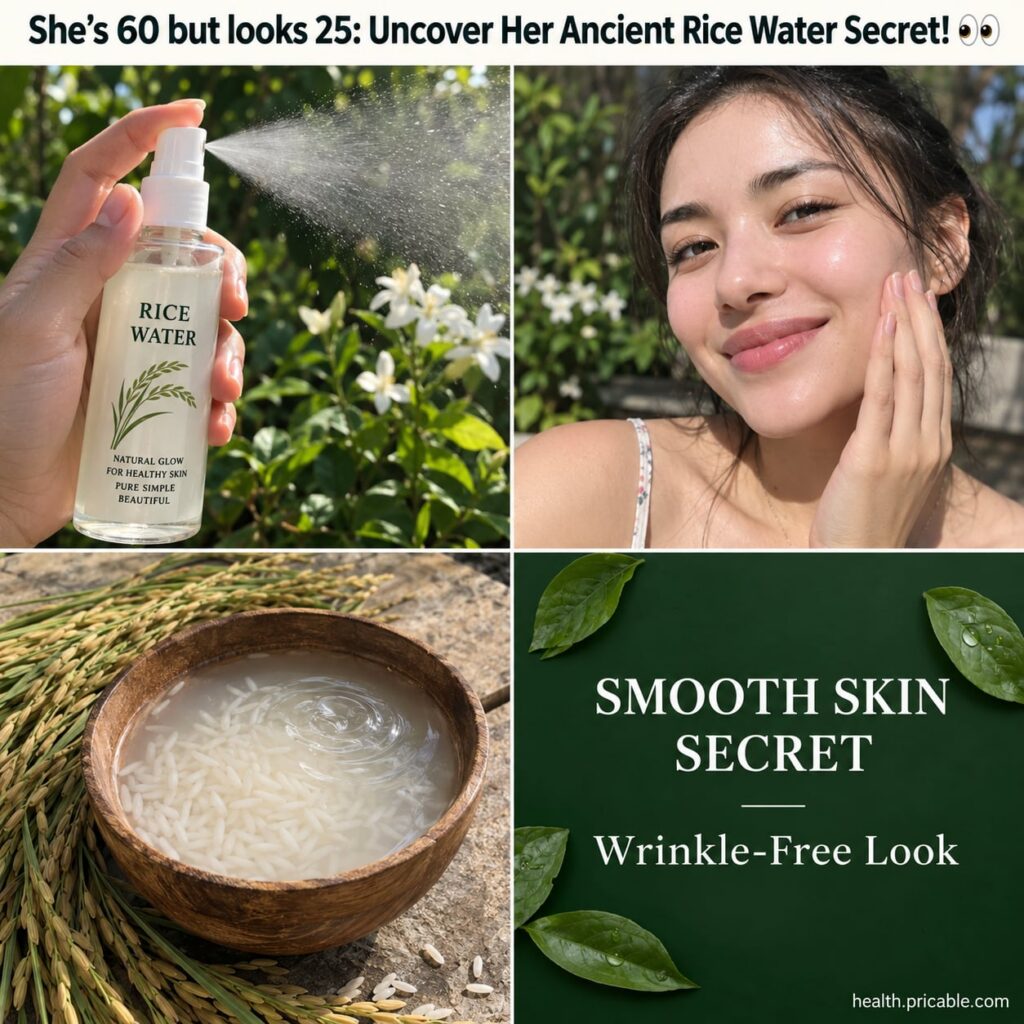 A clear glass bottle filled with cloudy rice water placed on a rustic wooden surface with a small bowl of white rice gra