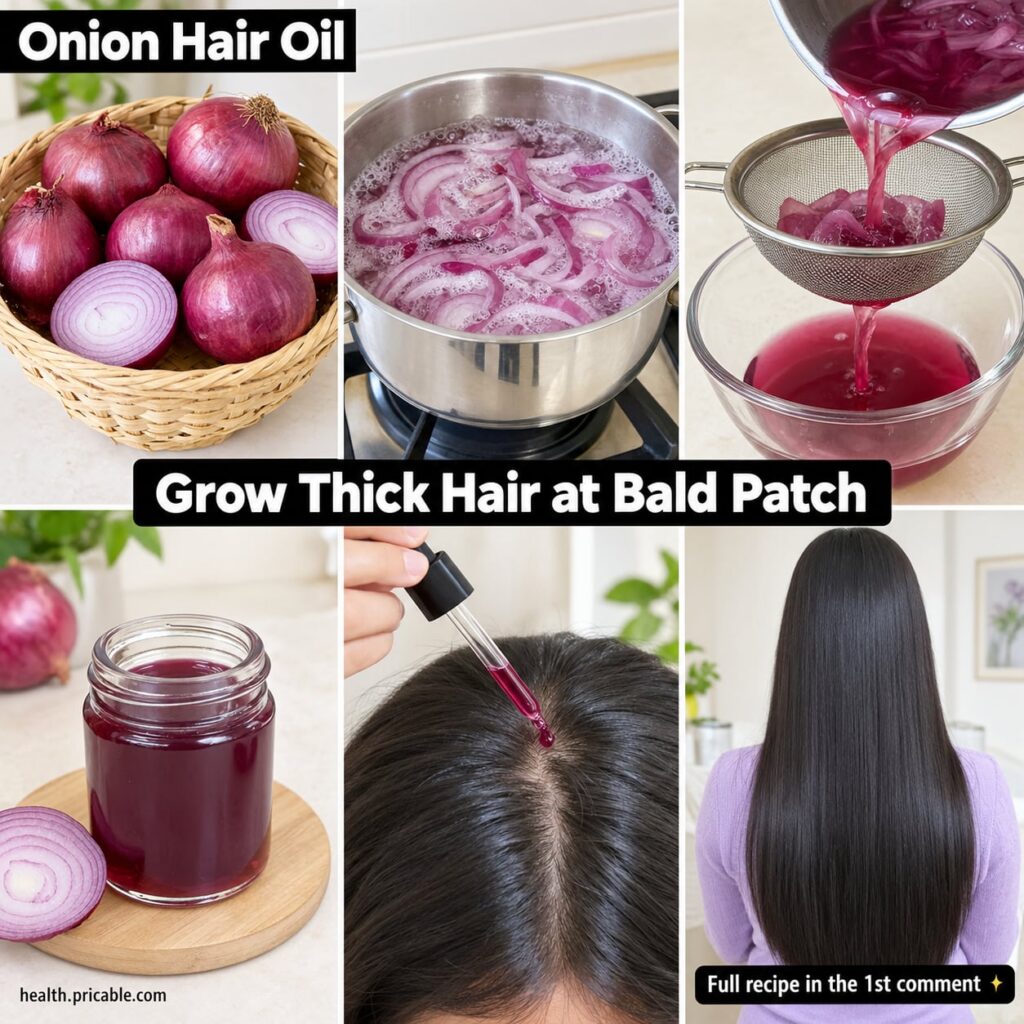 A close-up of a sliced red onion and a small glass bottle of golden onion-infused oil with some fresh rosemary sprigs on