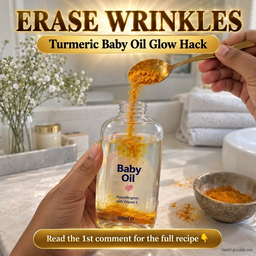 A close-up of a hand mixing bright yellow turmeric powder into clear baby oil in a small white ceramic bowl with a bottl