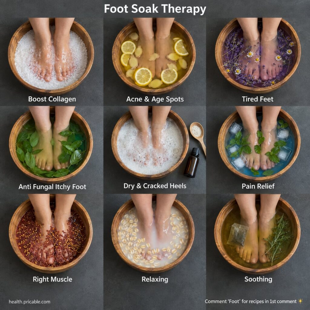 Ingredients for a DIY foot soak laid out on a rustic wooden table Epsom salts in a bowl a small bottle of lavender essen