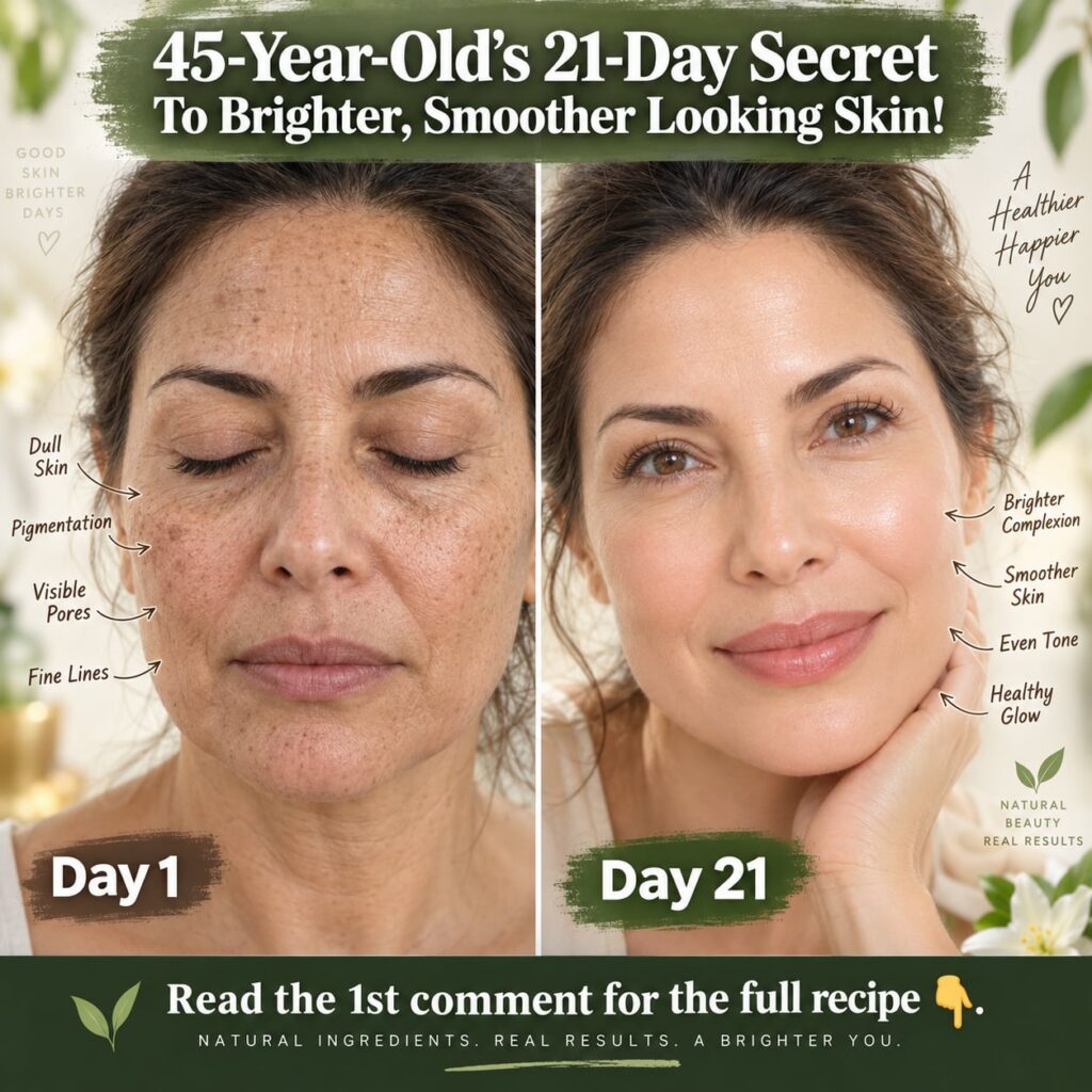 A split-screen before and after comparison of a woman s face over 21 days showing significant improvement in skin bright