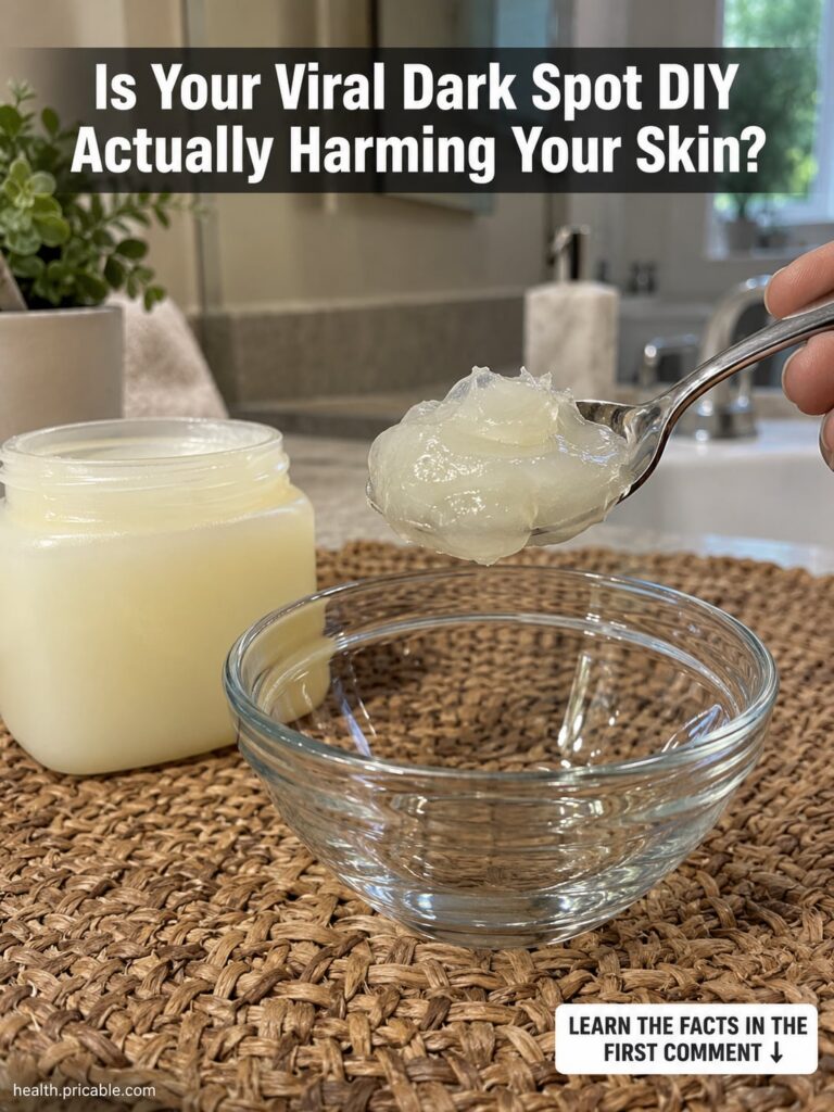 A woman looking concerned while holding a jar of Vaseline with blurred dark spots visible on her skin implying a dilemma