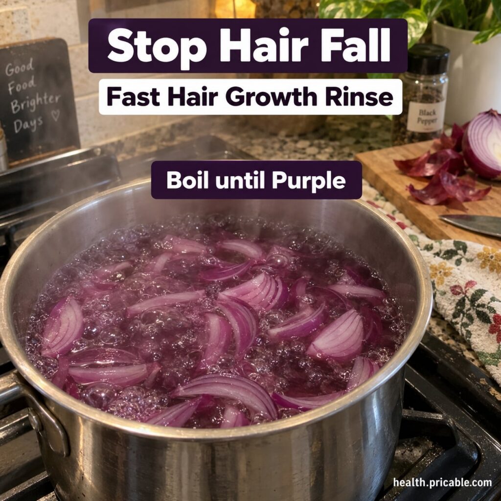 A vibrant purple liquid in a clear glass bottle suggesting a red onion hair rinse with fresh red onions and hair strands