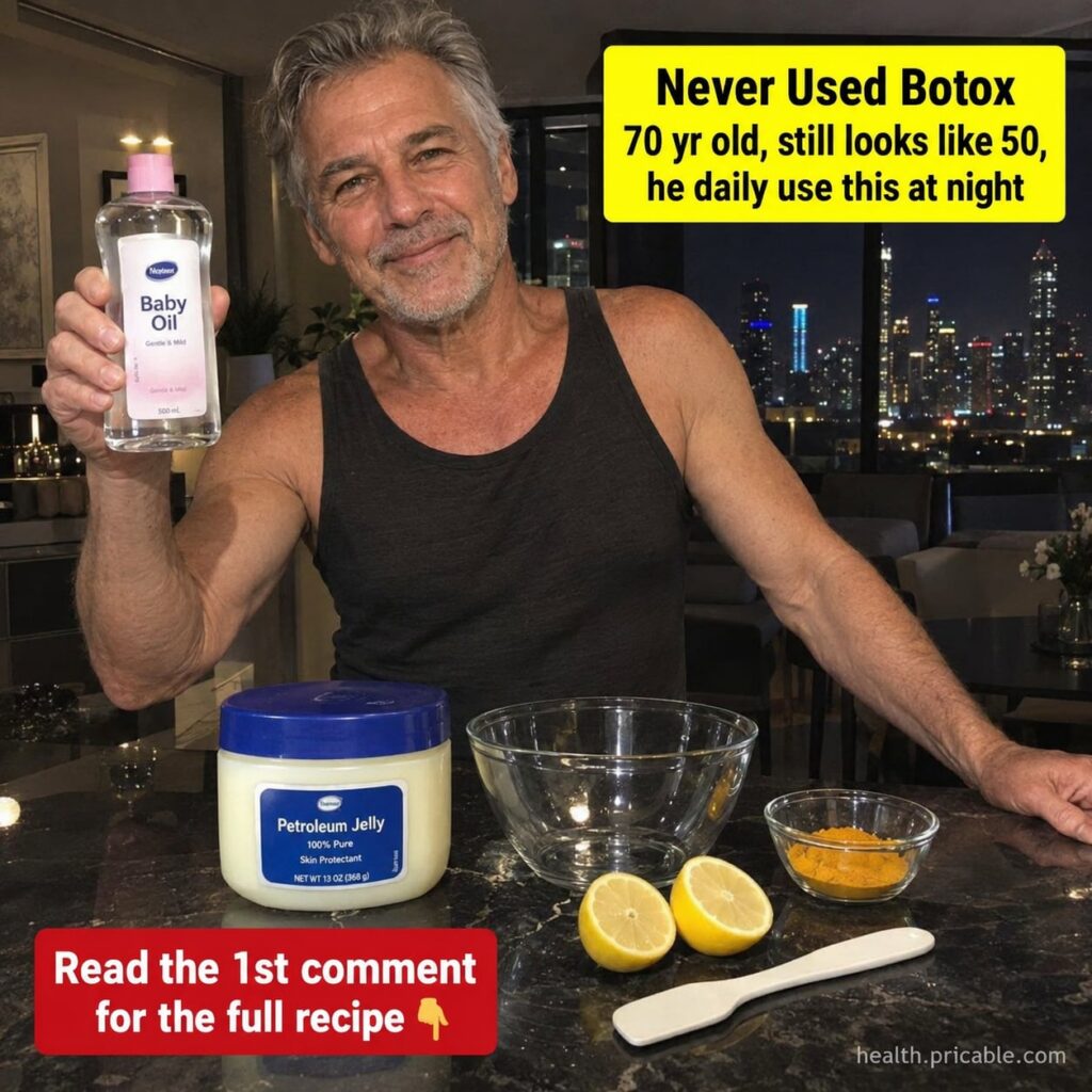 A 70-year-old man with smooth glowing skin smiling serenely He is holding a small bottle of a homemade oil blend and a j