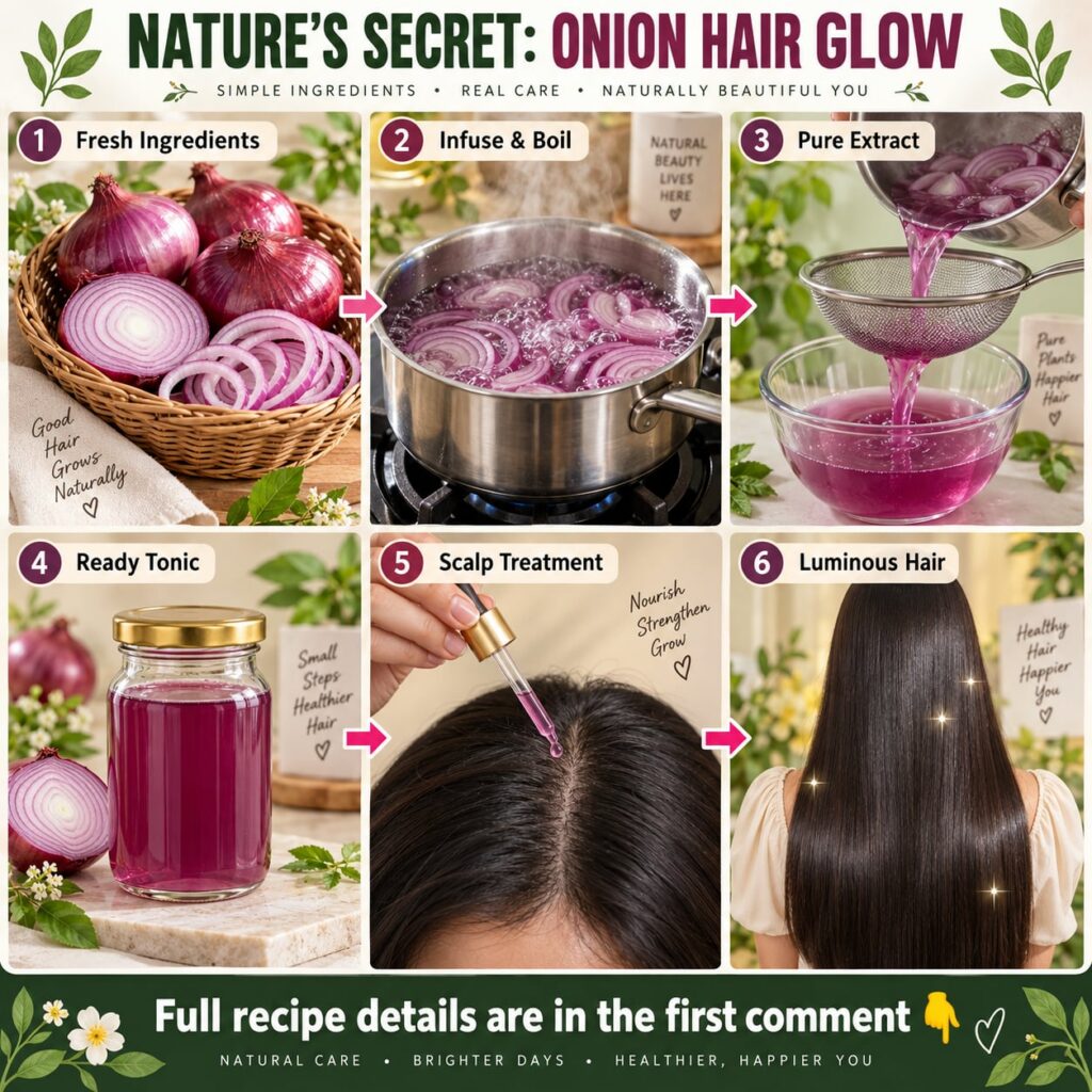 Ingredients for onion hair water red onion water and a spray bottle with the finished product