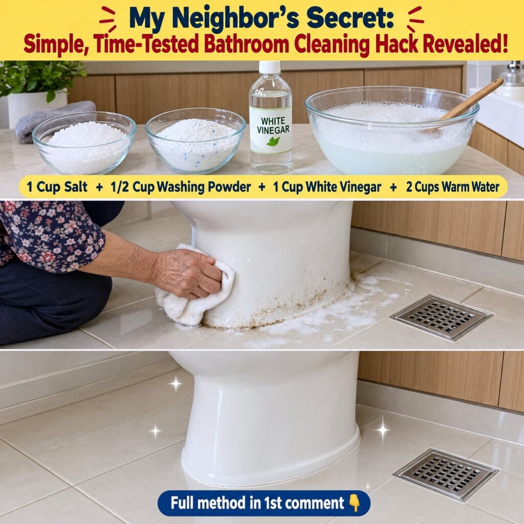 Ingredients for a homemade bathroom cleaner a bowl with washing powder and salt a bottle of white vinegar and a jug of w