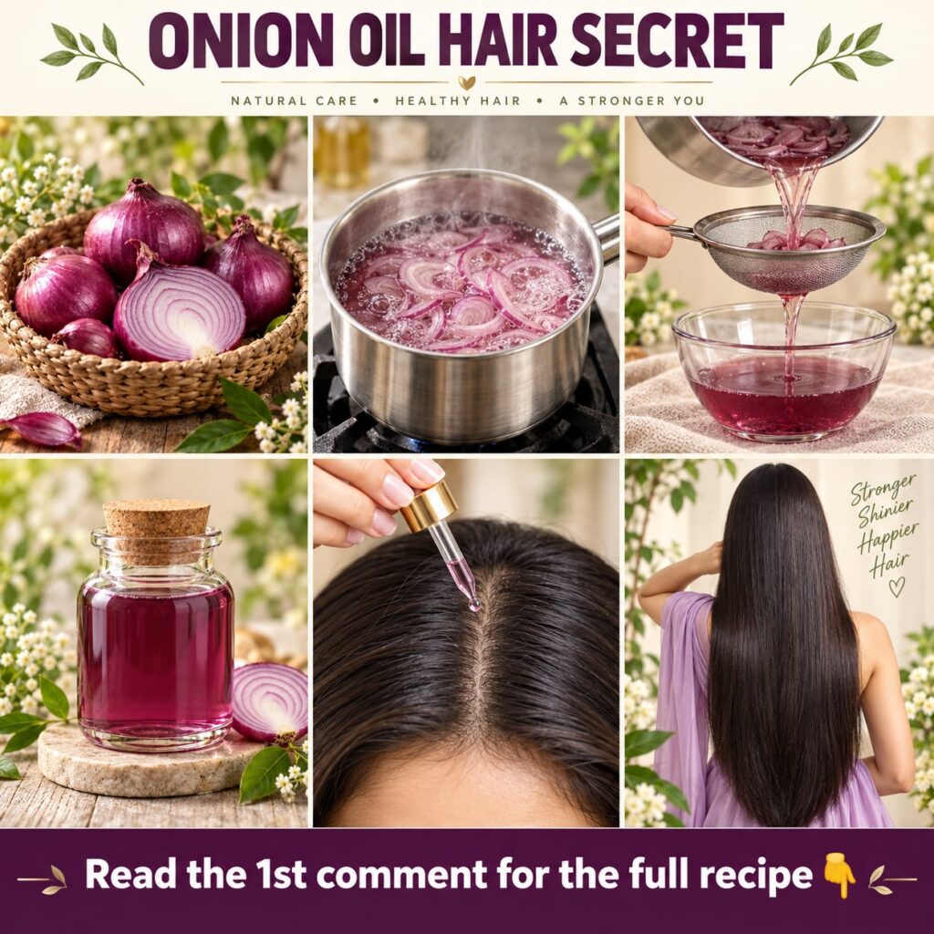 A bottle of homemade onion hair oil with a reddish-purple tint placed on a rustic wooden surface with fresh red onions i