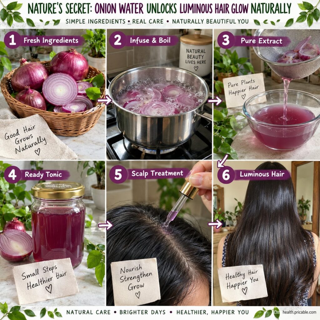 A close-up of sliced red onions in a bowl with clear water being poured over them preparing for an onion water hair rins