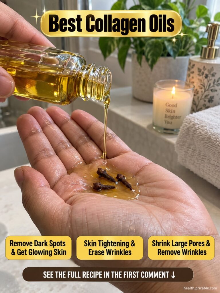 A small amber glass dropper bottle filled with a golden facial oil surrounded by rosehip berries and jojoba seeds on a l