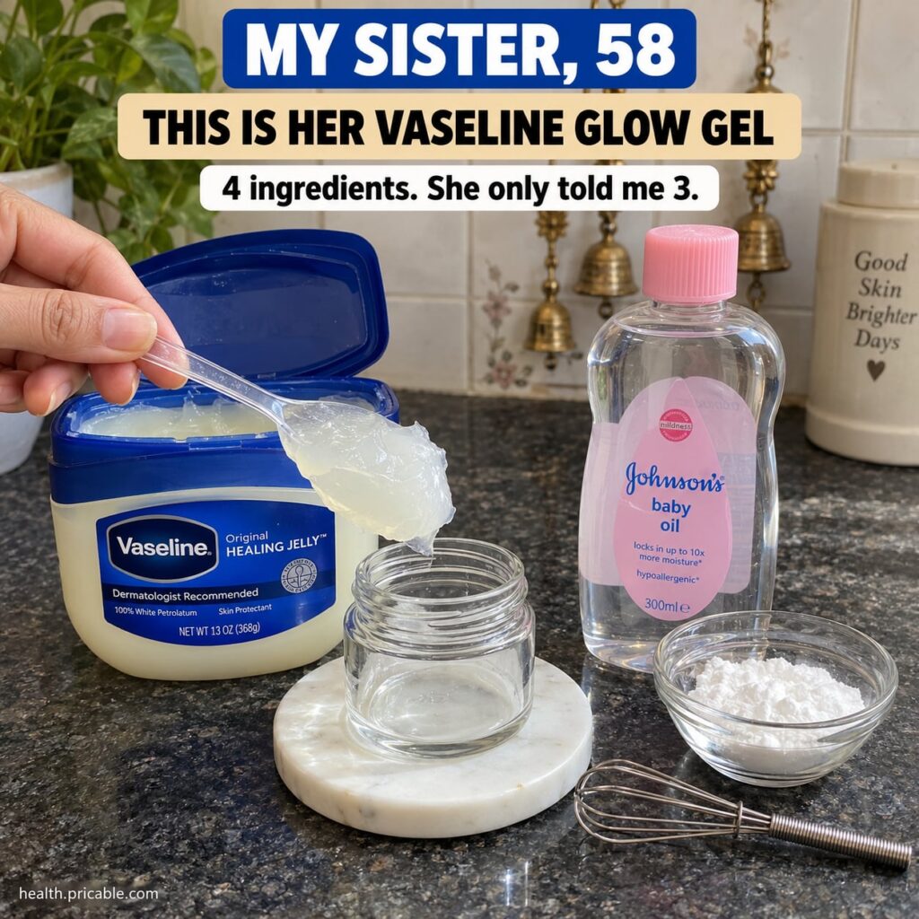 A small glass jar filled with a creamy translucent Vaseline glow gel subtly reflecting light with a clean finger dipping