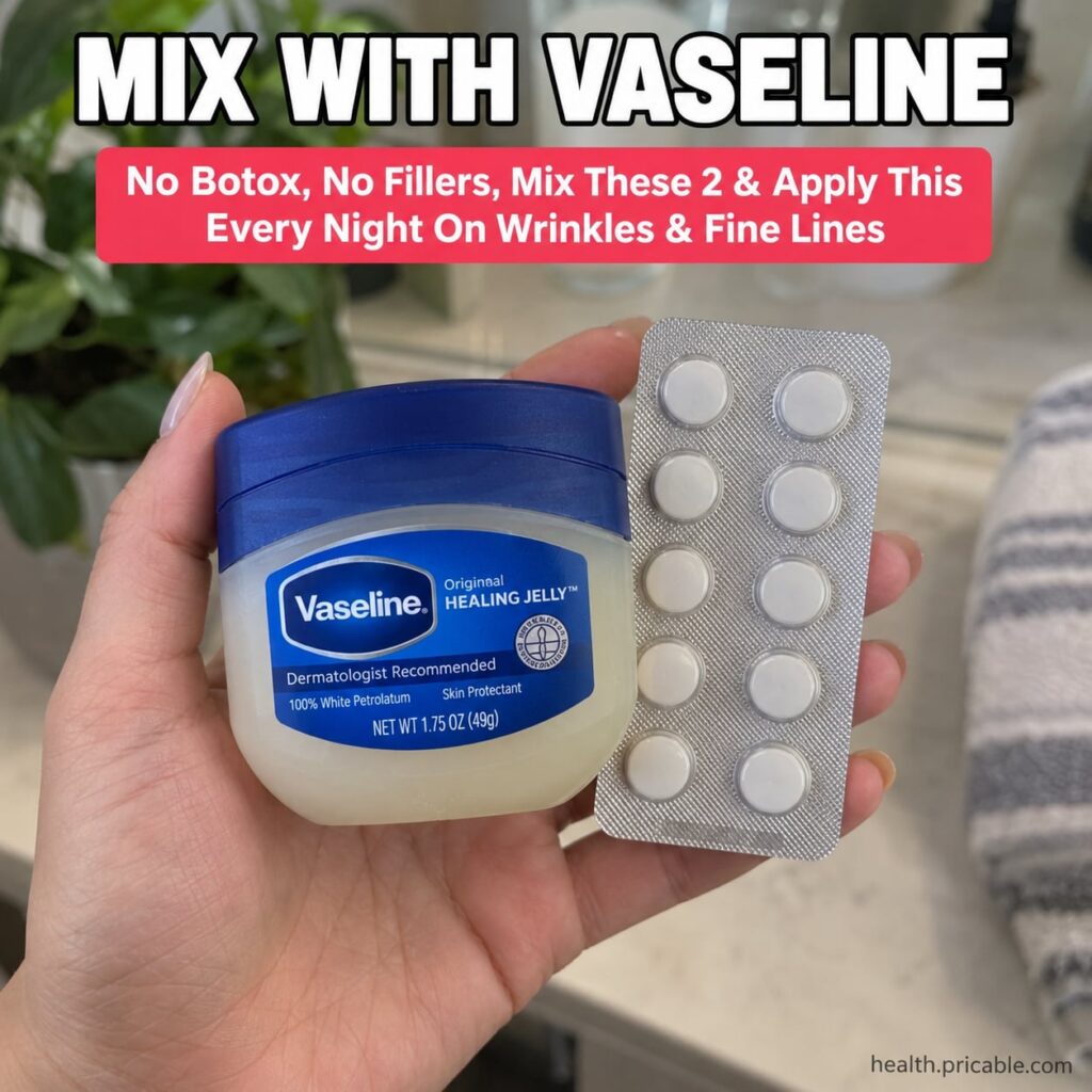 A small jar of petroleum jelly Vaseline next to a small amount of finely crushed white beauty supplement powder on a spo