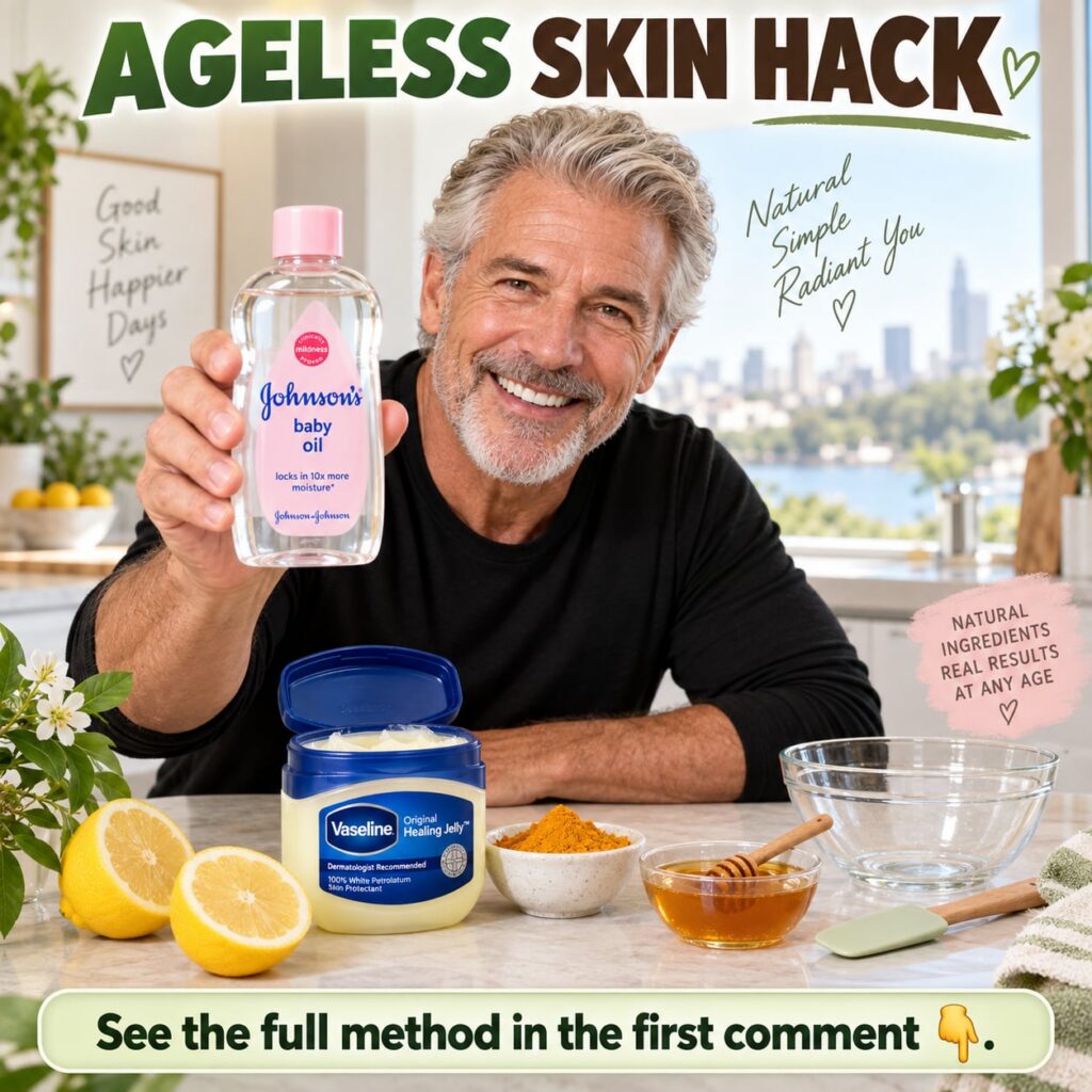 A smiling man holding a bottle of Johnson s Baby Oil with lemons turmeric honey and a jar of Vaseline on a kitchen count