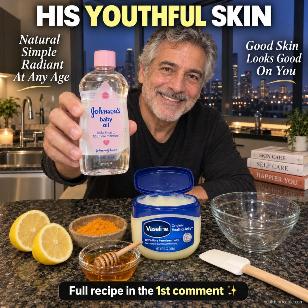 A 70-year-old man with surprisingly smooth youthful-looking skin smiling gently possibly with a faint sheen on his face 