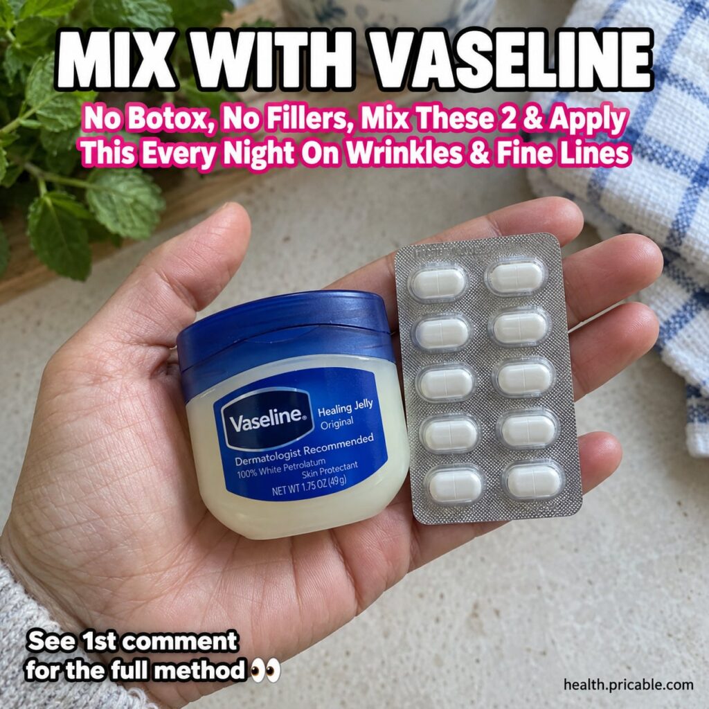 A small jar of Vaseline a single white vitamin C tablet and a tiny bowl with a spoon all arranged on a clean light surfa
