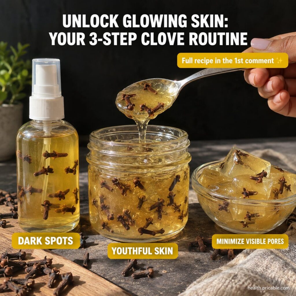 A collection of fresh cloves and ground clove powder with small bowls of ingredients like rice flour honey and aloe vera