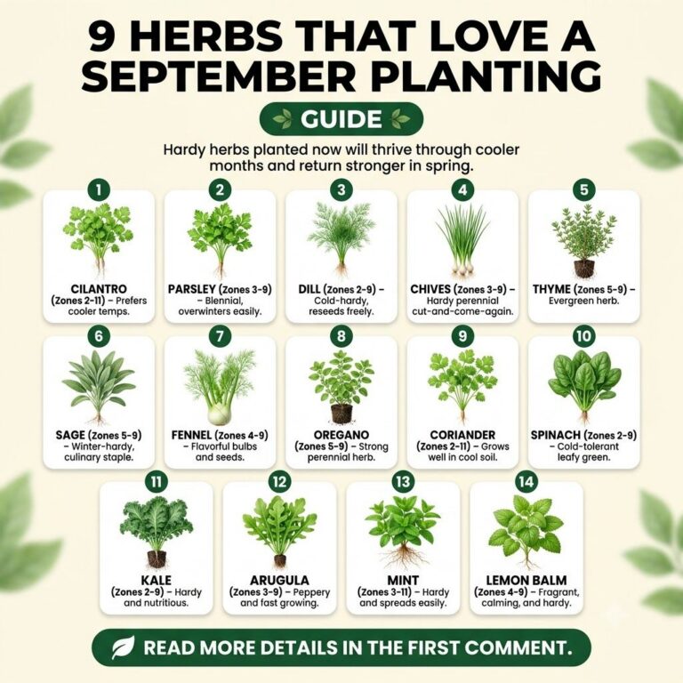 A graphic titled 9 Herbs That Love a September Planting Guide showing 14 different plant illustrations on white cards wi