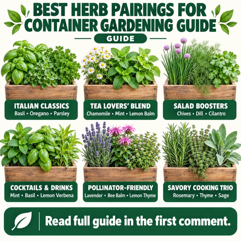 A visual guide showcasing six different container planters each with a unique combination of herbs categorized by culina