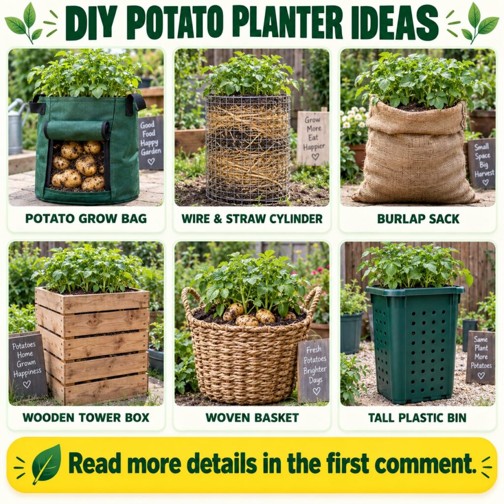 A visual guide showcasing six creative DIY potato planter ideas in a 2x3 grid featuring various repurposed containers wi