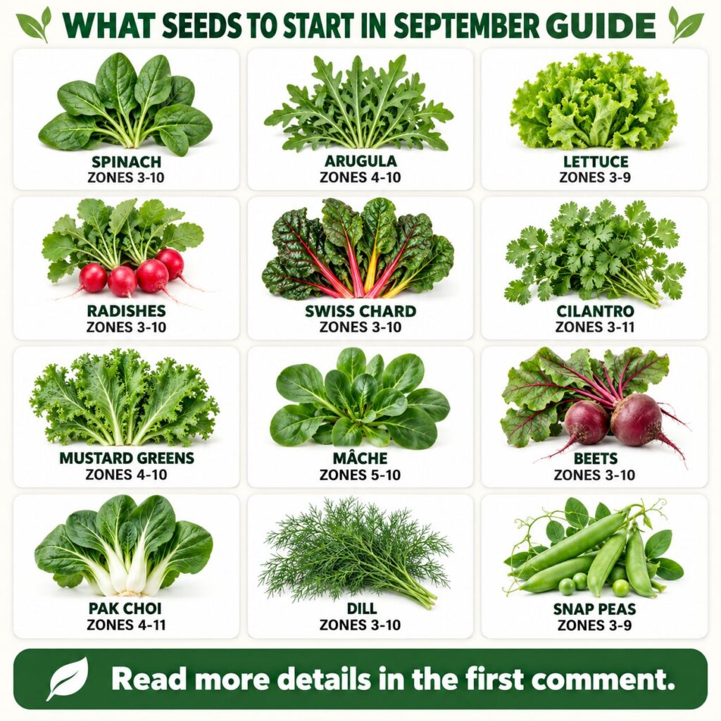 An infographic detailing WHAT SEEDS TO START IN SEPTEMBER GUIDE showing individual images of Spinach Arugula Lettuce Rad