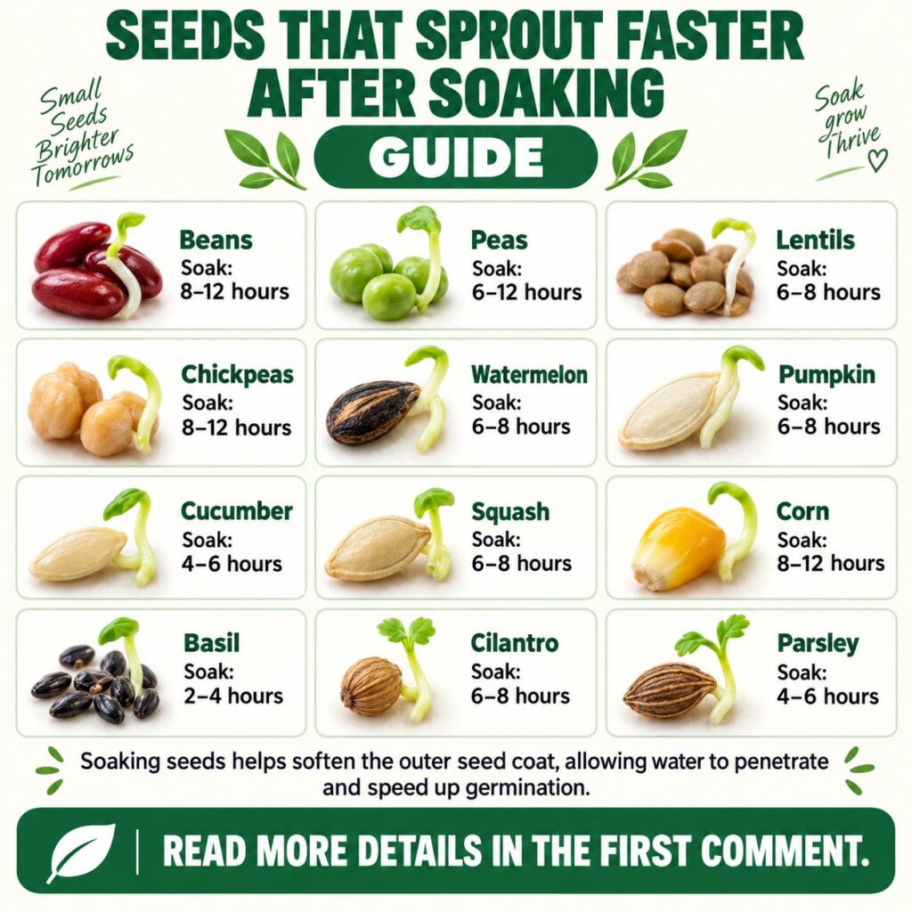 An infographic showing various seeds beans peas watermelon pumpkin corn basil etc with sprouts next to recommended soaki
