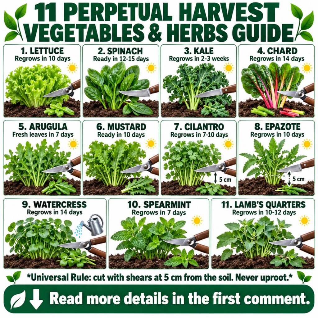 An infographic titled 11 PERPETUAL HARVEST VEGETABLES HERBS GUIDE showing various regrowing plants like lettuce spinach 