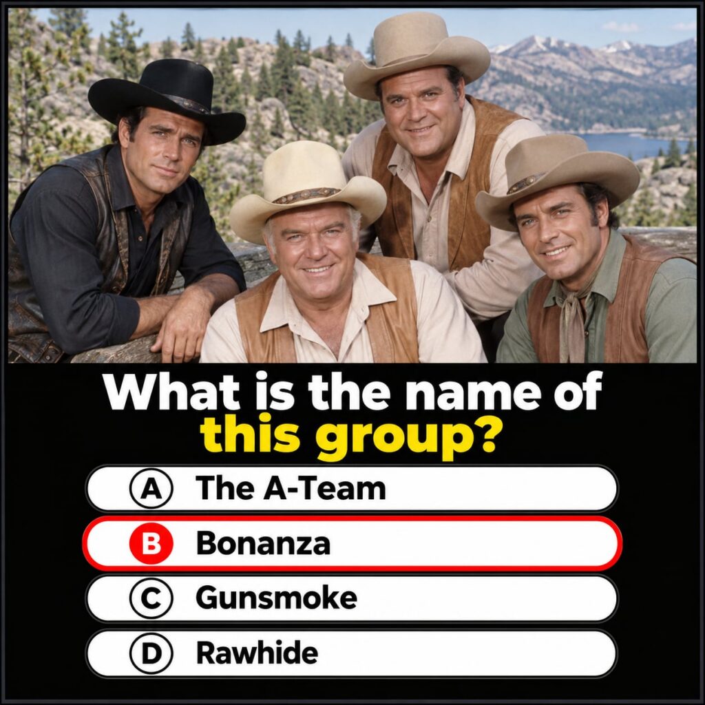 The Cartwright family from the classic TV show Bonanza featuring Ben Adam Hoss and Little Joe standing together in a rus