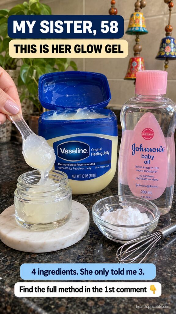 A jar of Vaseline a bottle of almond oil an aloe vera leaf and a small bottle of vitamin E oil arranged together to sugg