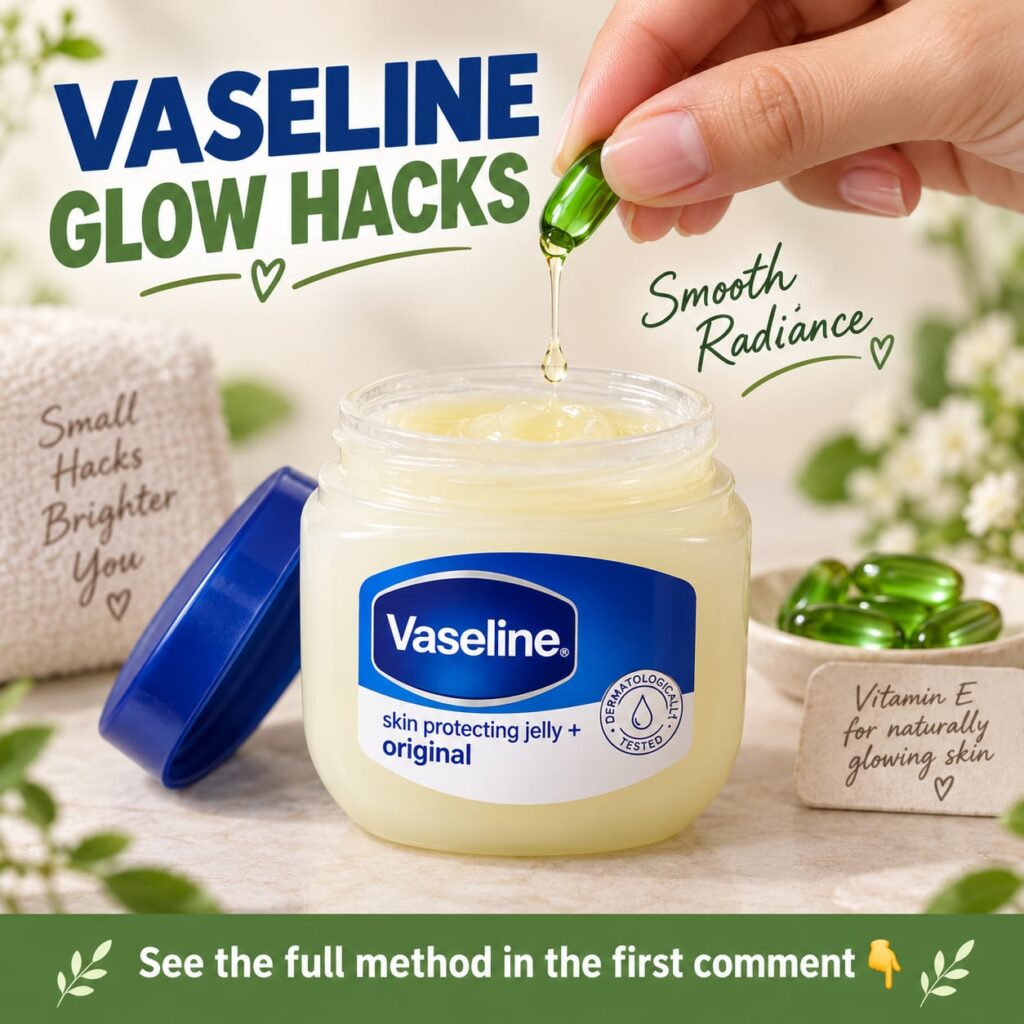 A small amount of Vaseline petroleum jelly being scooped from a jar with a fingertip next to a Vitamin E capsule on a cl